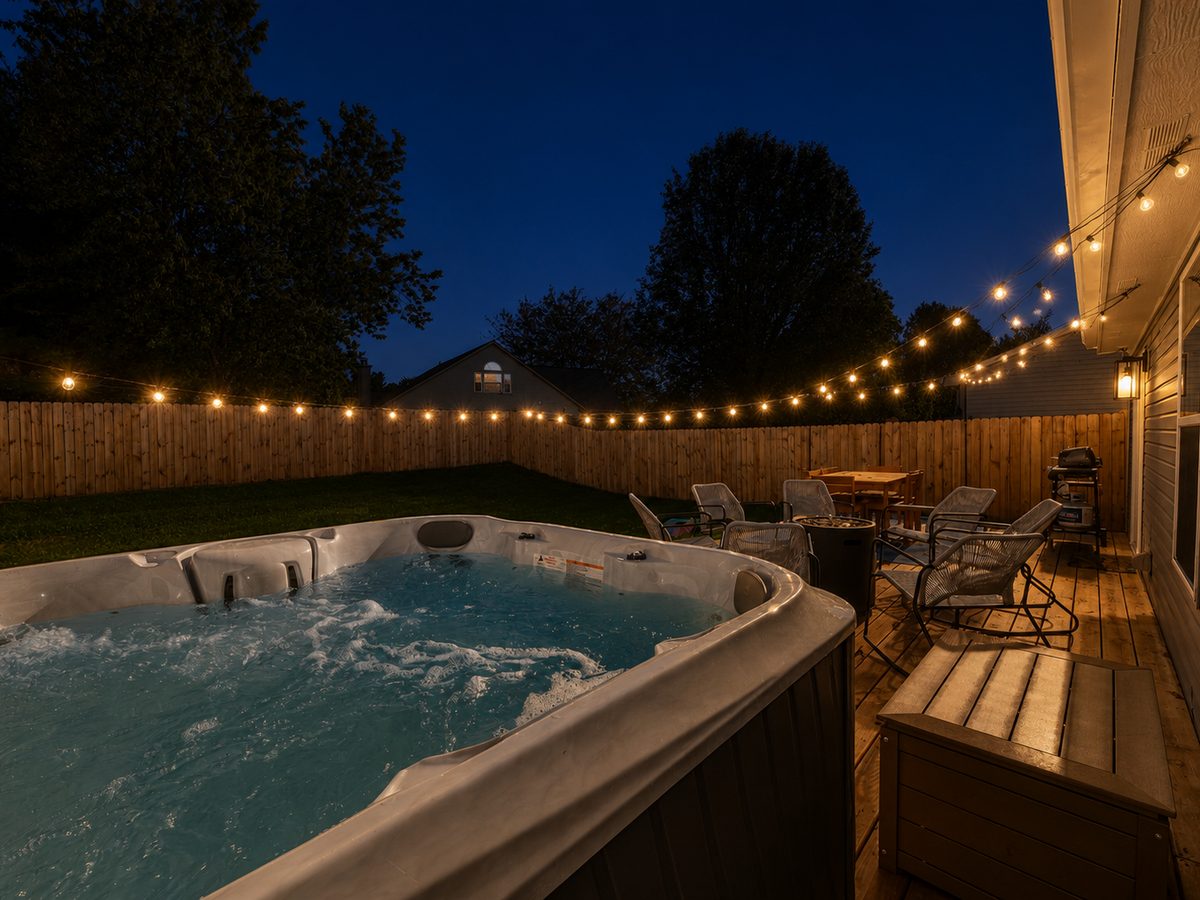 Backyard hot tub and string lights at dusk at a managed rental