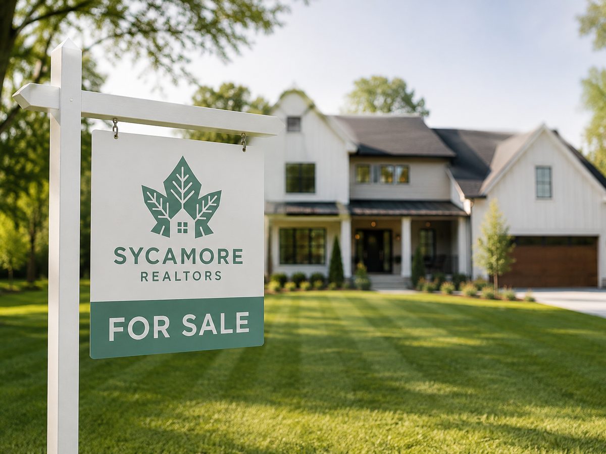 Sycamore Realtors for-sale sign in front of a home